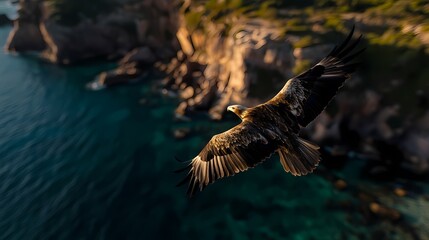 Fototapeta premium Eagle soaring over ocean cliffs at sunset.