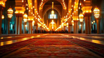 Obraz premium Mosque Illuminated at Night, Spiritual Gathering during Ramadan Prayers