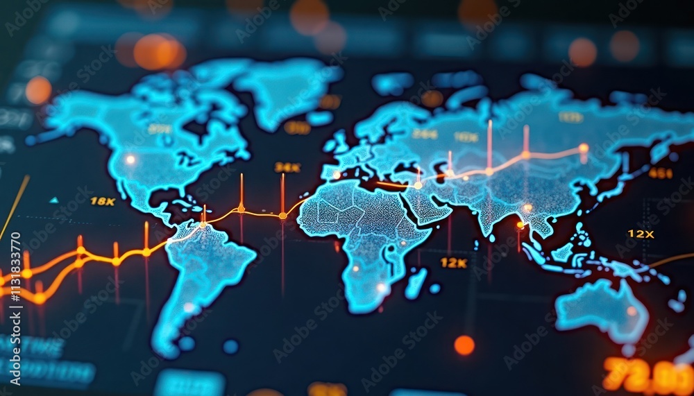 Poster Global logistics dashboard displays worldwide shipping data, analytics. Interactive map highlights international shipping routes, key locations. Visual data representations show shipping volume,