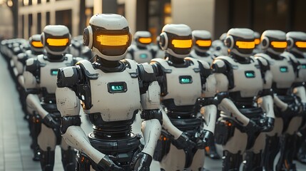 Robotic army marching in city.