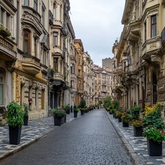 Fototapeta premium Cobblestone street with old buildings and flowers