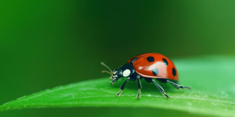 Fototapeta premium Ladybug on a green leaf in nature