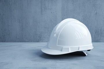 Safety and construction concept. A white hard hat rests on a concrete surface against a textured gray background.