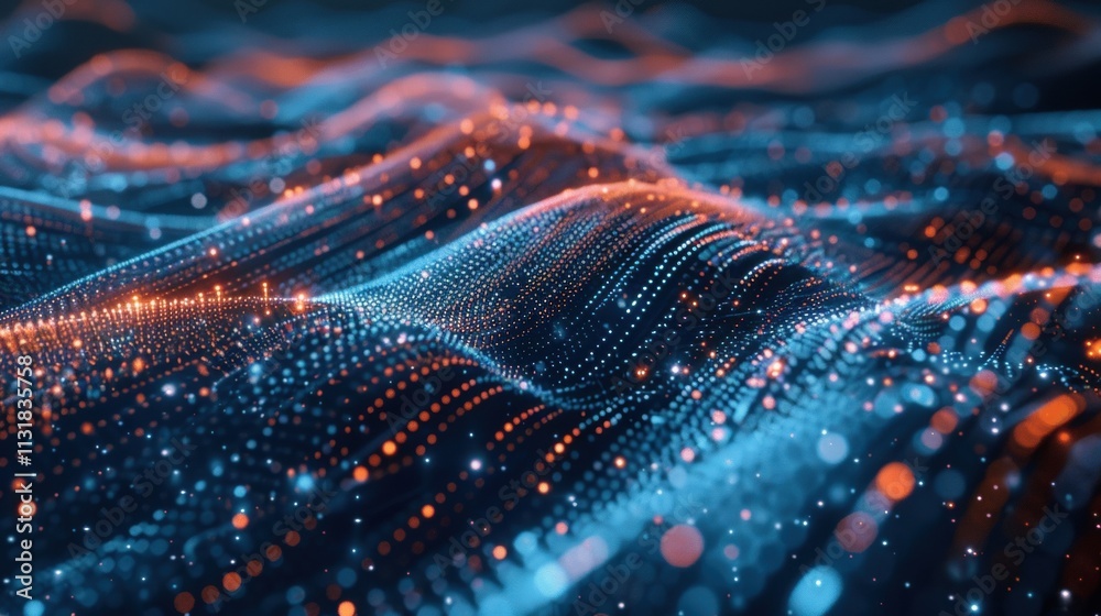 Poster abstract visualization of big data flowing and connecting like a digital wave, representing the cons