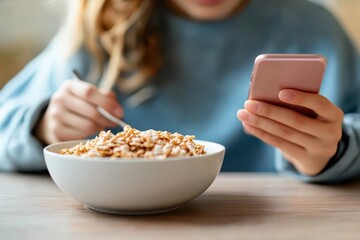 A person in a blue sweater is seen using a smartphone while eating a bowl of cereal at a table, a common morning routine filled with casual multitasking moments.