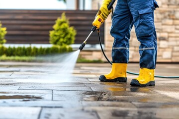 An individual equipped with boots and protective clothing operates a power washer on outdoor tiles, emphasizing diligent cleaning and meticulous attention to detail.