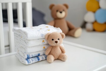 A neat stack of baby diapers sits on a table with a plush teddy bear resting beside them, perfect for nurseries, against a blurred backdrop of a baby&rsquo;s room.