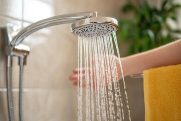 A person extends their hand under a modern showerhead, feeling the water temperature, in a tiled bathroom with a green plant visible, conveying cleanliness and refreshment.