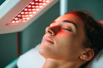 A woman lies peacefully as red light therapy illuminates her face, promoting wellness and relaxation, with her eyes closed and a tranquil expression, indoors.