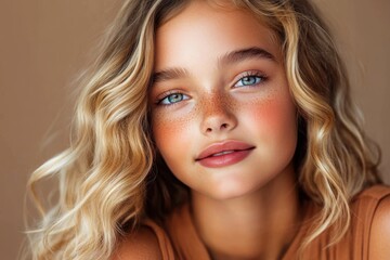 A close-up portrait of a young girl with striking blue eyes and freckles, her wavy blonde hair...