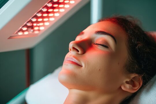 A woman lies peacefully as red light therapy illuminates her face, promoting wellness and relaxation, with her eyes closed and a tranquil expression, indoors.