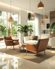 Fototapeta premium White sofa and brown leather armchairs in a mid-century modern living room with minimalist and inviting interior design