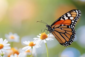 Fototapeta premium A beautiful monarch butterfly sits on a daisy flower surrounded by a vibrant garden backdrop, highlighting the intricate patterns on its wings under the warm sun.
