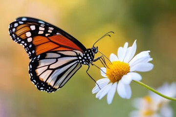 Obraz premium A vibrant monarch butterfly delicately perched on a white daisy in a natural setting, showcasing its striking orange and black patterned wings under the sunlight.