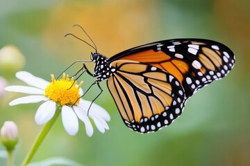 Fototapeta premium The monarch butterfly is vividly depicted on a daisy flower, capturing the delightful contrast between its orange, black patterns and the flower’s white petals.