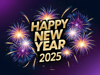 happy new year 2025 golden color text design with fireworks and sparkles festive background wallpaper