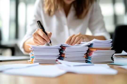 A focused person is organizing stacks of papers in an office setting, symbolizing productivity, diligence, and the craftsmanship of managing a high-volume workload.