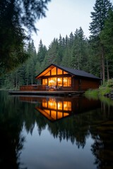 Obraz premium Cozy cabin by a serene lake surrounded by tall trees at dusk.