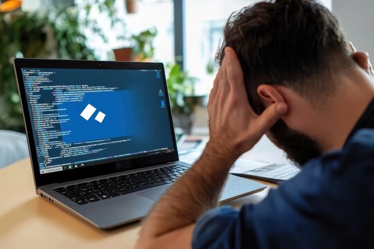 A person in frustration holding their head facing a laptop screen full of code, representing the challenges and difficulties in computer programming or troubleshooting.
