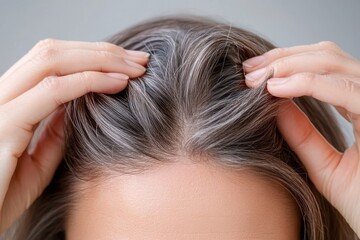 Fototapeta premium A close-up image showing hands parting gray hair at the roots, highlighting the natural texture and color transformation from a healthy lifestyle and aging process.