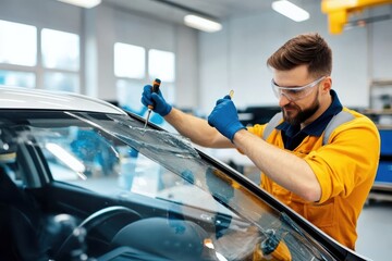 A skilled technician carefully repairs a car windshield, wearing protective goggles and gloves, in a well-lit auto repair shop to ensure vehicle safety and durability.