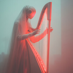 Obraz premium Futuristic Musician with Harp in Ethereal Setting