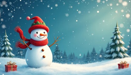 Fototapeta premium Cute snowman stands in snowy winter forest background. Snowman wears red hat, scarf. Christmas presents on snow. Winter holiday scene. Merry Christmas, Happy New Year. Festive holiday illustration.