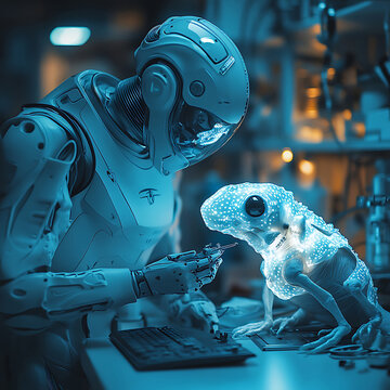 Futuristic Robot and Bioluminescent Creature Interaction