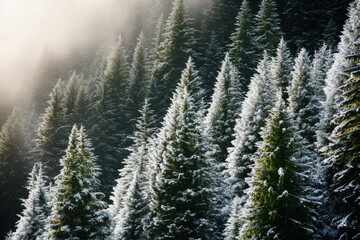 An enchanting image of a snow-draped forest filled with towering evergreen trees shrouded in mist, exuding a tranquil and mystical atmosphere.