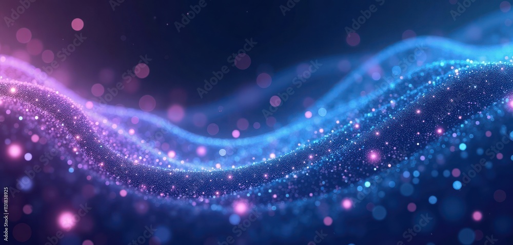 Poster abstract swirling blue, purple digital art with white dots. futuristic tech visual. dynamic movement