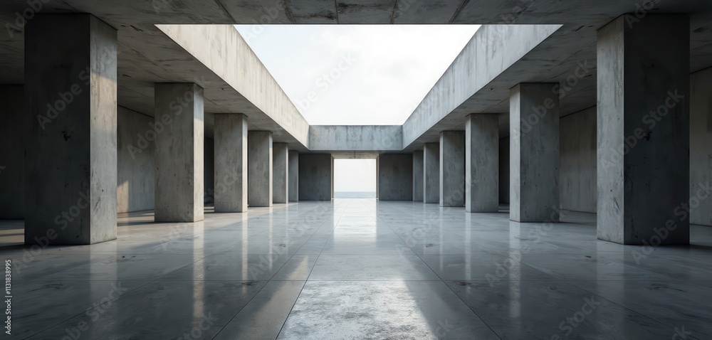 Poster modern minimalist concrete interior with high ceilings. geometric design creates symmetrical open sp