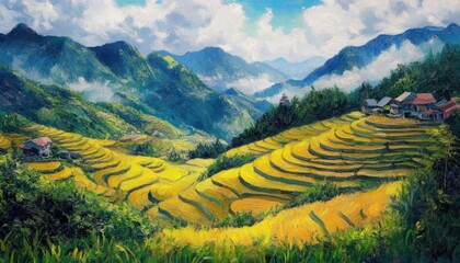 Impasto oil painting landscape of rice terraces of Ha Giang- Vietnam