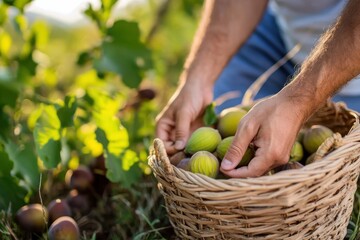 A person carefully harvesting ripe figs from a lush orchard, placing them into a wicker basket, capturing the essence of hard work and agricultural fulfillment.