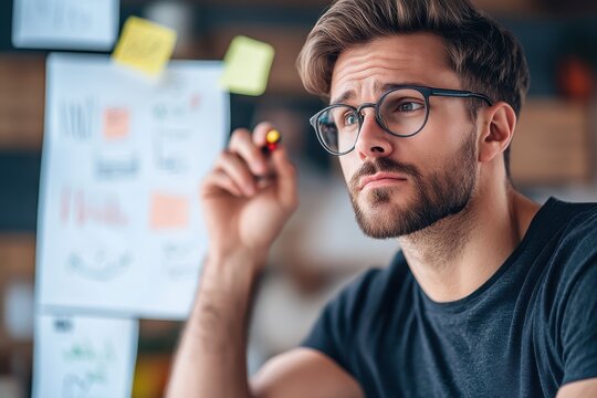 A focused individual with glasses writes ideas on a board covered with sticky notes, illustrating creativity, concentration, and brainstorming processes in a modern office.