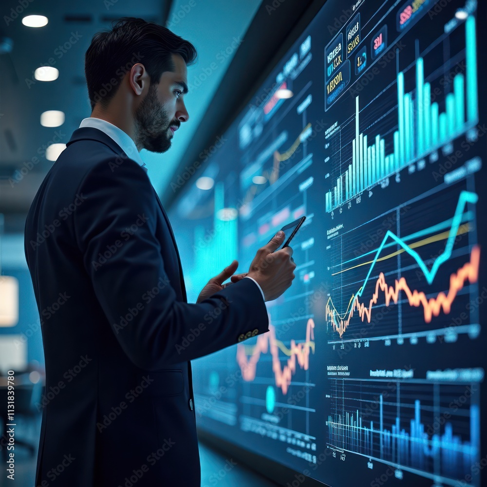 Poster businessman examines financial charts displayed on futuristic interface. analyzes data on tablet. mo