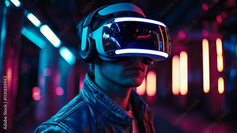 Poster in a modern tech space illuminated by neon lights, a developer engages with a vr headset, exploring 