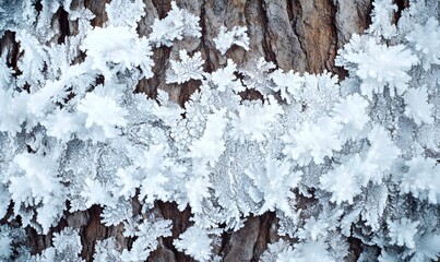 Fototapeta premium Frost crystals on tree bark, closeup.