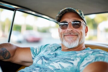 Naklejka premium A middle-aged man with white beard and sunglasses sits in a classic car, wearing a patterned cap and t-shirt, epitomizing style and contentment.