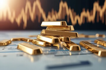 Randomly scattered gold bars on a financial market analysis chart, capturing the volatility and unpredictability of current economic climates and investment choices.