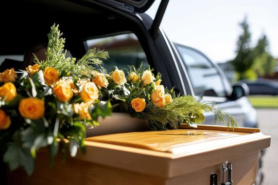 A close-up view of a wooden casket adorned with vibrant yellow roses, being placed inside a hearse during a solemn funeral procession on a sunny day.