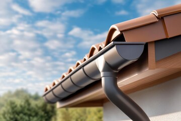 A close-up of a modern roof gutter system with terracotta tiles, set against a background of a clear blue sky, emphasizing clean design and functionality.