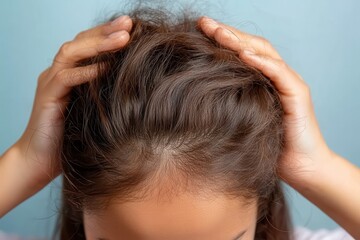 Naklejka premium This image features a close-up view of a human scalp with gentle hands resting, highlighting personal care and grooming focus with a serene, relaxing ambiance.