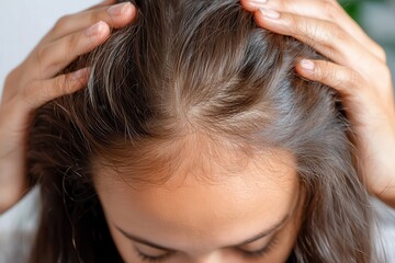 Naklejka premium A detailed close-up showing hands on a person's scalp, focusing on hair structure and texture; a great representation of health care and self-nurture principles.