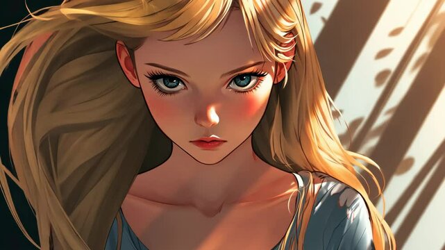 anime cartoon girl character, pretty blonde hair girl strong and bold fixed eyes looking at camera with light and shadow play