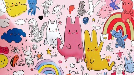 Naklejka premium Whimsical illustration of colorful cartoon animals and shapes on pink background.