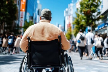 Obraz premium A man in a wheelchair is seen from behind navigating through a bustling city street filled with people, showcasing urban life and accessibility challenges.