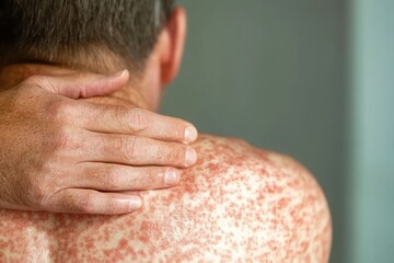 Fototapeta premium A person with a visible skin rash on their back is comforted by a hand placed gently on their shoulder, conveying care and tenderness in the moment captured.