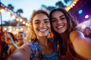Two young women smiling and taking a selfie during an outdoor festival in the evening with colorful lights, capturing a joyful moment of friendship and celebration.