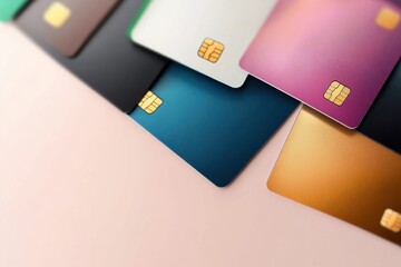 A collection of colorful chip credit or debit cards laid out on a soft, blurred surface, symbolizing variety in financial choices and modern transactions.