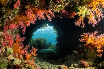 Obraz premium Colorful underwater scene with coral and light.